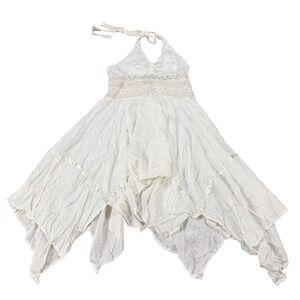 White Halter Maxi Dress with Crochet Waist and Handkerchief Hem